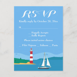 Postal De Invitación Faro de RSVP Náutico y Barco de Vela Océano Azul