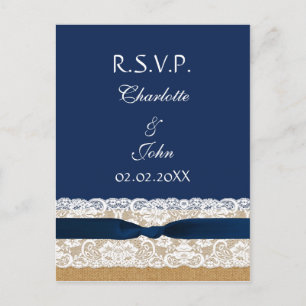 Postal De Invitación FAUX burlap and lace ,cinta azul marino RSVP