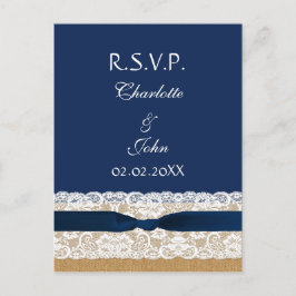 Postal De Invitación FAUX burlap and lace ,cinta azul marino RSVP