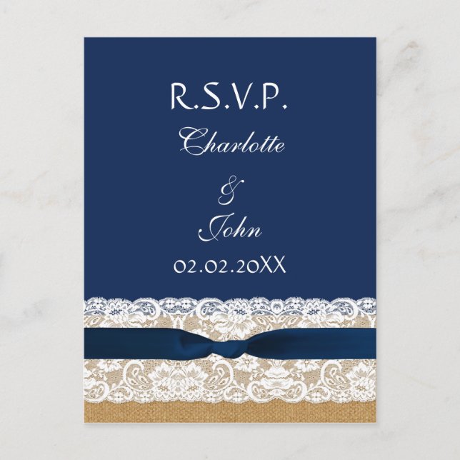 Postal De Invitación FAUX burlap and lace ,cinta azul marino RSVP (Anverso)