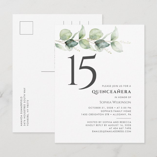 Postal De Invitación Felices 15 años Quinceanera Eucalyptus (Anverso / Reverso)
