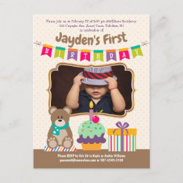 Postal De Invitación Feliz 1° cumpleaños Teddybear Pastel de repostería