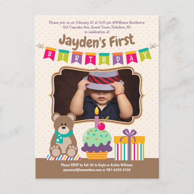 Postal De Invitación Feliz 1° cumpleaños Teddybear Pastel de repostería (Anverso)