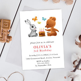 Postal De Invitación Feliz 3 cumpleaños Teddy Bear Bunny Cake