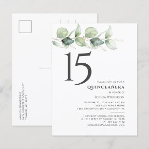 Postal De Invitación Feliz Cumpleaños 15 Quinceañera Hojas de Eucalipto