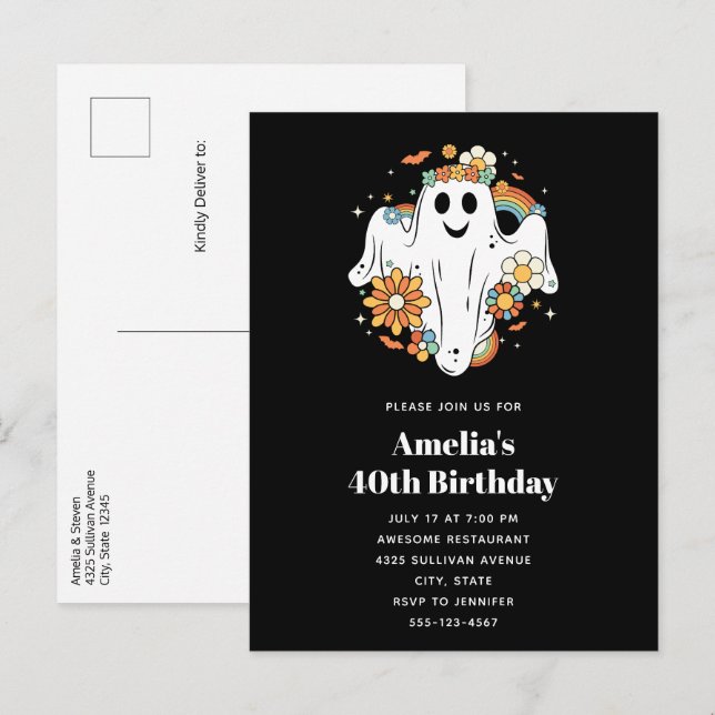 Postal De Invitación Feliz cumpleaños del Vibe Hippie Ghost Retro (Anverso / Reverso)