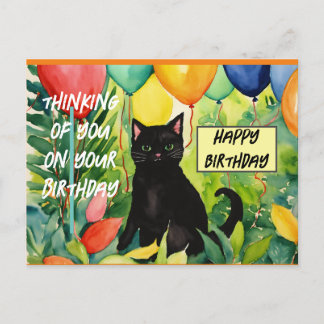 Postal De Invitación Feliz cumpleaños :gato negro abriendo una fiesta d