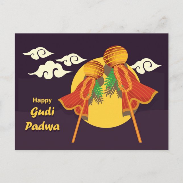 Postal De Invitación Feliz Gudi Padwa, criando a gudi (Anverso)