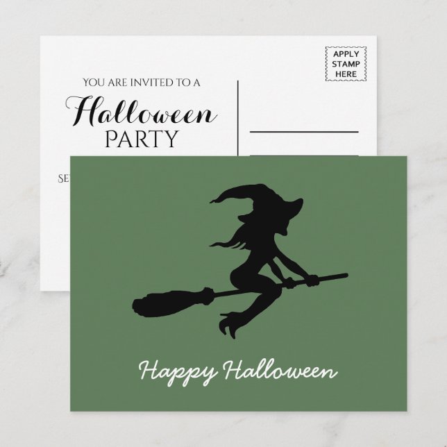 Postal De Invitación Feliz Halloween, Bruja En Broomstick (Anverso / Reverso)