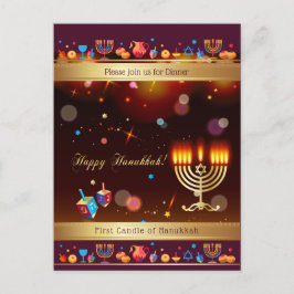 Postal De Invitación Feliz Hanukkah Fiesta Gold Hanukkiah