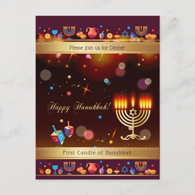 Postal De Invitación Feliz Hanukkah Fiesta Gold Hanukkiah (Anverso)