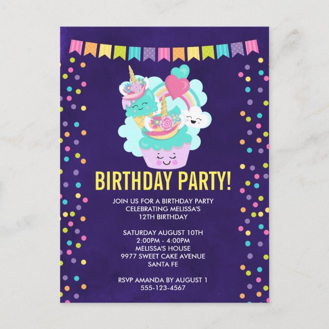 Postal De Invitación Feliz pastel y fiesta de cumpleaños de helado (Anverso)