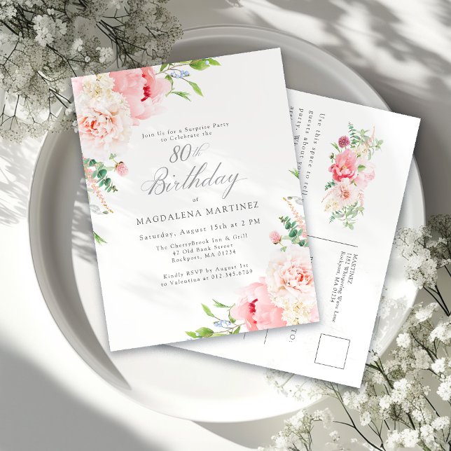 Postal De Invitación Feminine Pink Floral 80th Birthday Surprise Fiesta (Subido por el creador)
