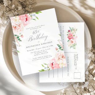 Postal De Invitación FESTA SORPRESA Cumpleaños 65 Femenino Floral Rosa