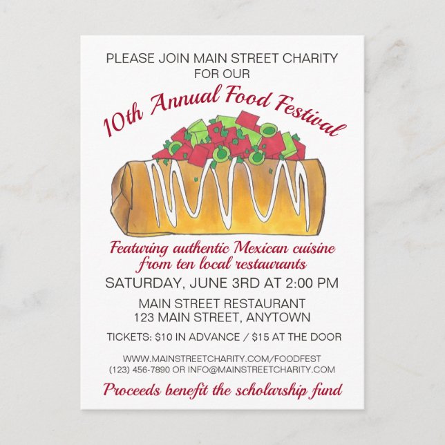 Postal De Invitación Festival mexicano de Tex Mex Food Chimichanga (Anverso)