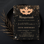 Postal De Invitación Festividad de cumpleaños de polvo de purpurina de<br><div class="desc">Para una elegante Mascarada, 50 años (o cualquier edad) de cumpleaños. Un elegante fondo negro. Decorado con un polvo falso purpurina dorado y una máscara de mascarada. Personalice y agregue un nombre, edad y detalles del fiesta. El nombre se escribe con un guión de estilo con letras a mano. Atrás:...</div>
