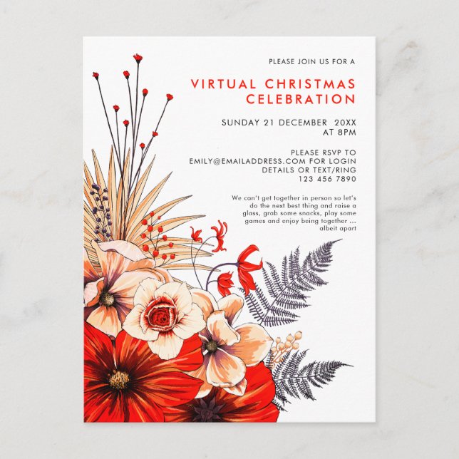 Postal De Invitación Festividad floral Berries Navidades de Crema Roja (Anverso)