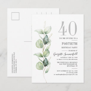 Postal De Invitación Fiesta Botánica de Cumpleaños 40 con Verdor de Euc
