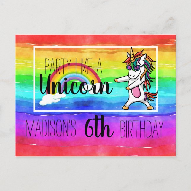 Postal De Invitación Fiesta Como Un Cumpleaños De Unicornio (Anverso)