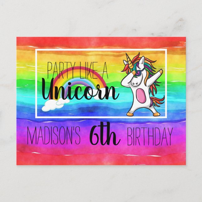 Postal De Invitación Fiesta Como Un Unicornio Dabbing Dance Birday (Anverso)