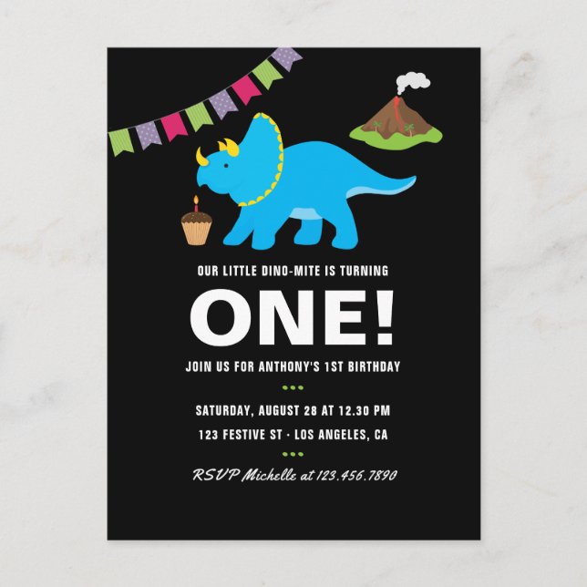 Postal De Invitación Fiesta con temática de dinosaurios de cumpleaños 1 (Anverso)