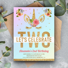 Postal De Invitación Fiesta de 2º cumpleaños de Unicorn, Purpurina de o