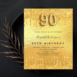 Postal De Invitación fiesta de 90 cumpleaños con gotas de purpurina dor