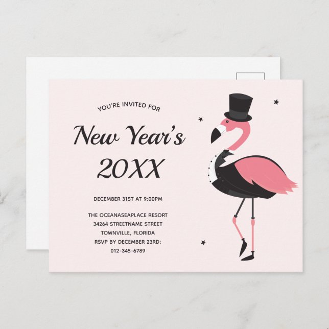 Postal De Invitación Fiesta De Año Nuevo De Txedo De Flamingo Rosa (Anverso / Reverso)