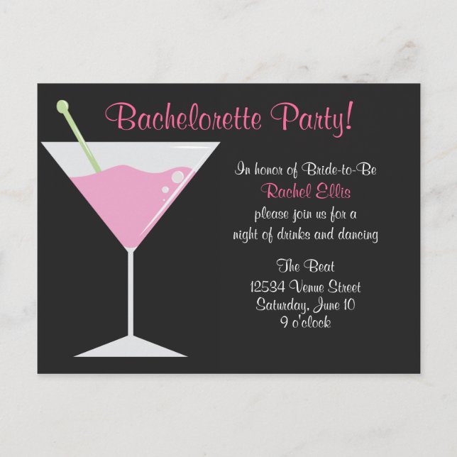 Postal De Invitación Fiesta de Bachelorette de cócteles (Anverso)