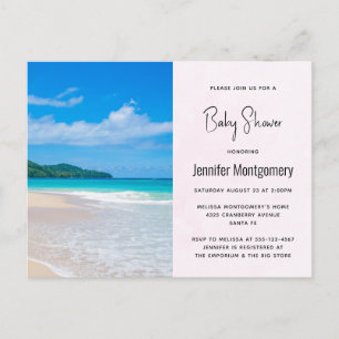 Postal De Invitación Fiesta de Bebé en Destino Tropical con Playa Escén