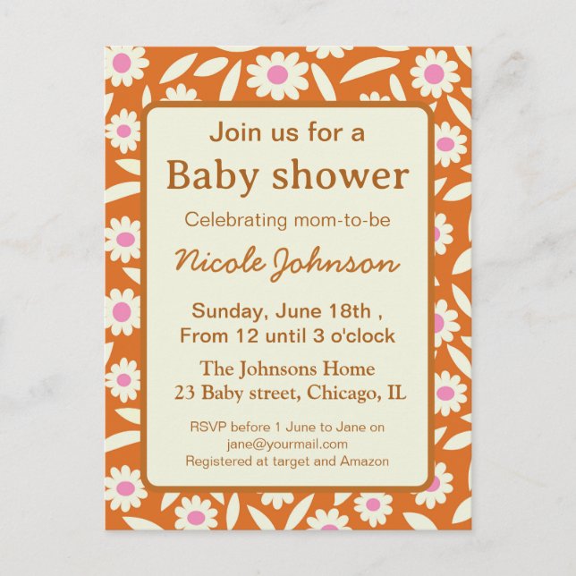 Postal De Invitación Fiesta de bebé floral de margarita retro hippie  (Anverso)