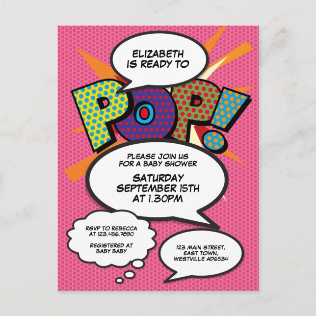 Postal De Invitación Fiesta de Bebé Foto Moderna Rosa Divertida Cómic (Anverso)