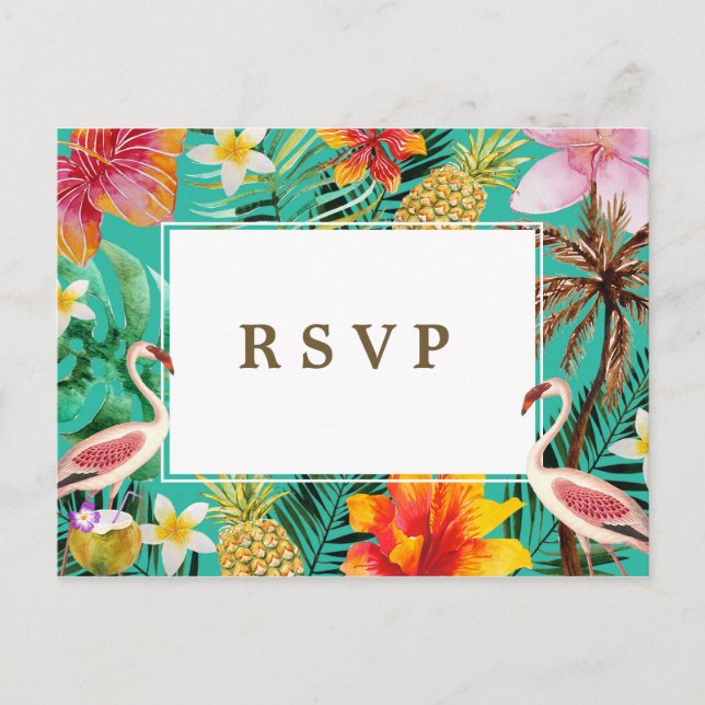 Postal De Invitación fiesta de bodas de flamingo tropical de playa rsvp (Anverso)