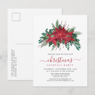 Postal De Invitación Fiesta de Cóctel de Navidad Elegante Poinsettia Ro