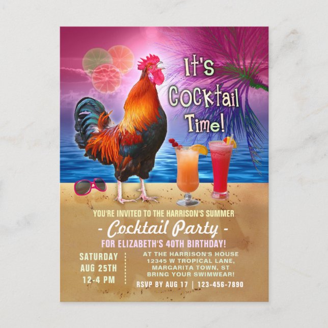 Postal De Invitación Fiesta de cócteles Tropical Rooster Funny Cumpleañ (Anverso)