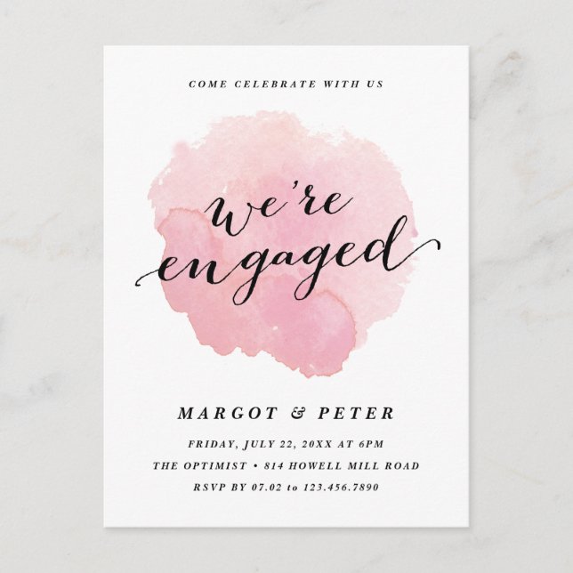 Postal De Invitación Fiesta de compromiso de acuarela con guión moderno (Anverso)