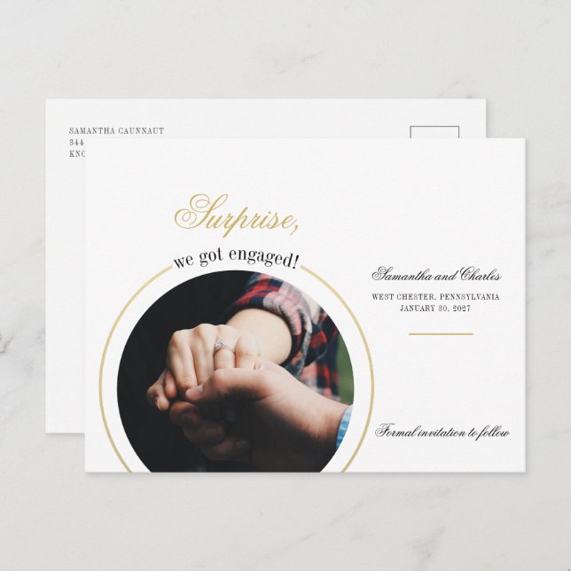 Postal De Invitación Fiesta de compromiso de foto moderna que nos compr (Anverso / Reverso)