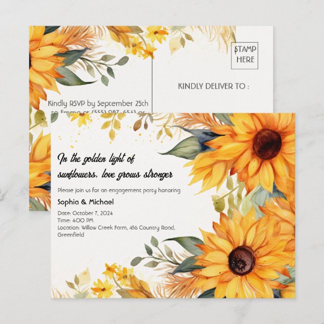 Postal De Invitación Fiesta de Compromiso del Girasol Rústico (Anverso / Reverso)