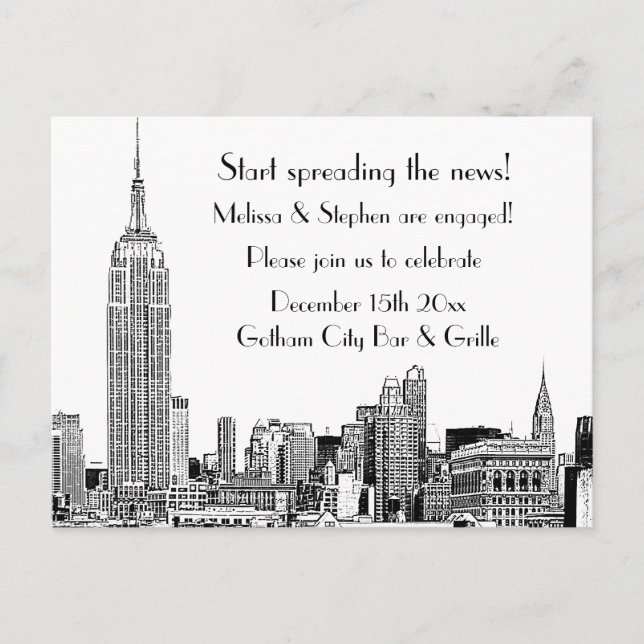Postal De Invitación Fiesta de compromiso NYC Skyline Etched 01 (Anverso)