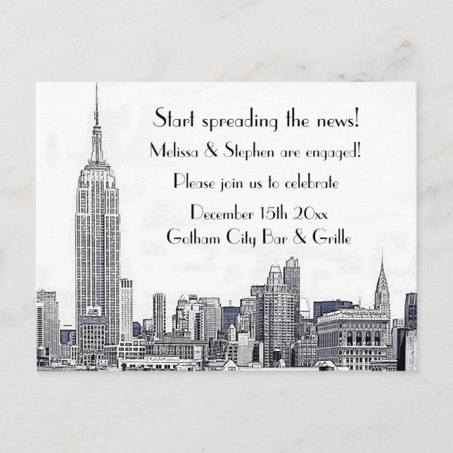 Postal De Invitación Fiesta de compromiso NYC Skyline Etched 01 #2 (Anverso)