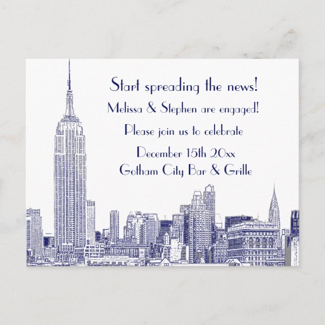 Postal De Invitación Fiesta de compromiso NYC Skyline Etched 01 Azul (Anverso)