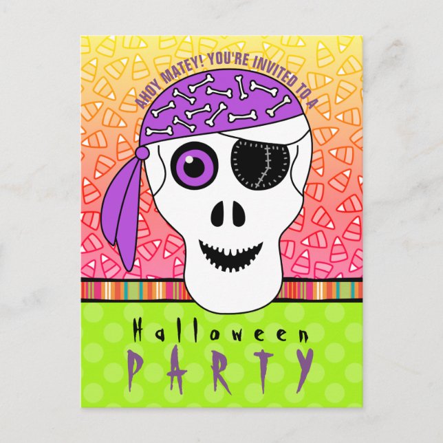Postal De Invitación Fiesta de Cráneo Pirata de Halloween (Anverso)