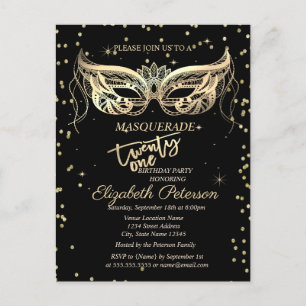 Postal De Invitación Fiesta de Cumpleaños 21 Masquerade Oro Diamantes