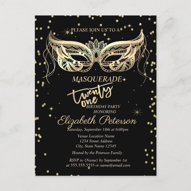 Postal De Invitación Fiesta de Cumpleaños 21 Masquerade Oro Diamantes (Anverso)