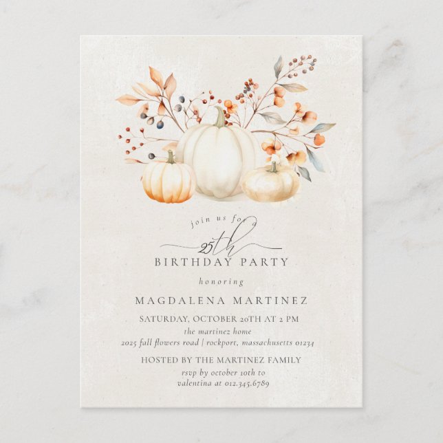 Postal De Invitación Fiesta de cumpleaños 25 Hojas de calabaza blanca (Anverso)