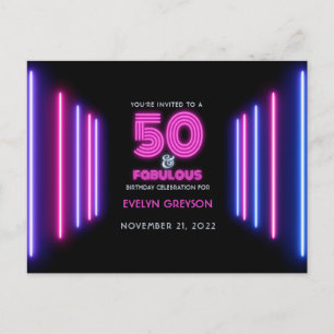 Postal De Invitación Fiesta de cumpleaños 50 años Pink Neon 50 & Fabulo
