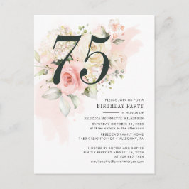 Postal De Invitación Fiesta de cumpleaños 75ª rosa rosada del follaje f