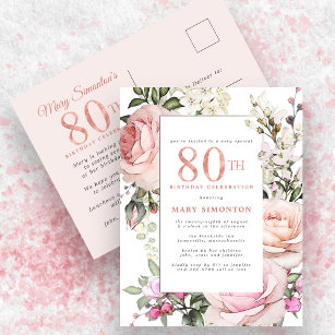 Postal De Invitación Fiesta de cumpleaños 80 de Rubor Pink Floral
