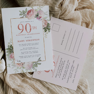 Postal De Invitación Fiesta de cumpleaños 90 de Rubor Pink Gold Floral
