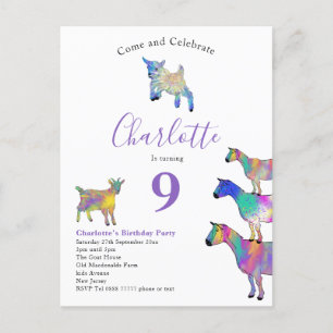 Postal De Invitación Fiesta de Cumpleaños Acuarela de Cabra Morado